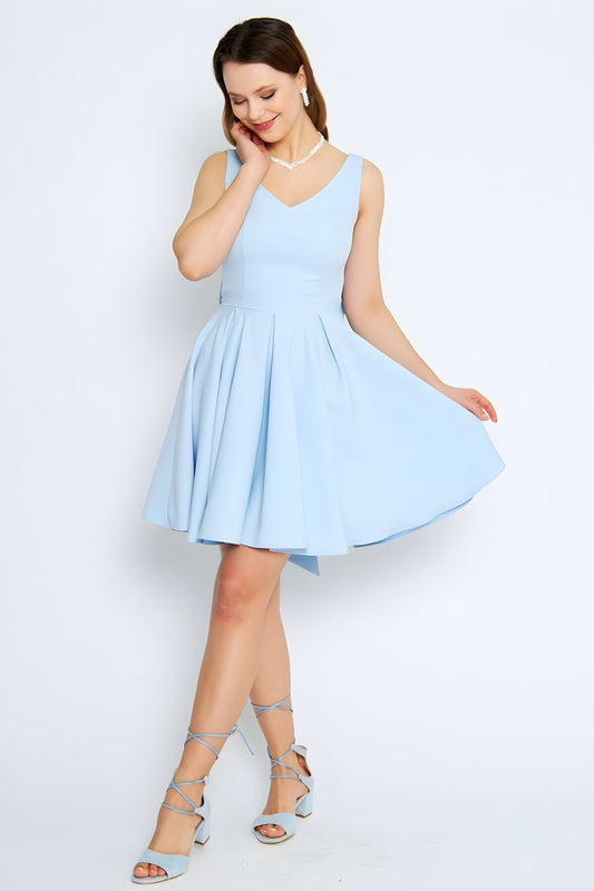 Mini Flared Pleated V-Neck Bow-Back Evening Dress - Baby Blue