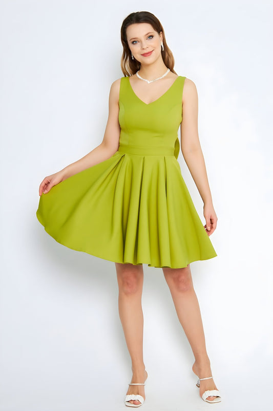 Mini Flared Pleated V-Neck Evening Dress with Back Bow - Pistachio Green