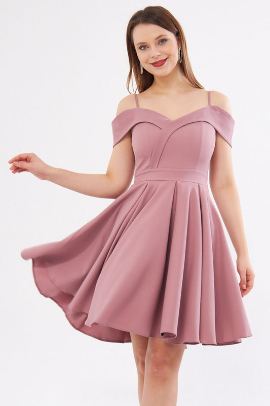 Mini Flared Strappy Boat Neck Pleated Evening Dress - Dark Rose