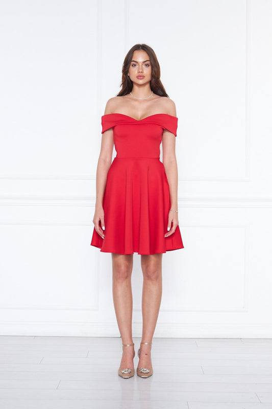 Mini Flared Stretchy Scuba Sweetheart Off-the-Shoulder Evening Dress - Red