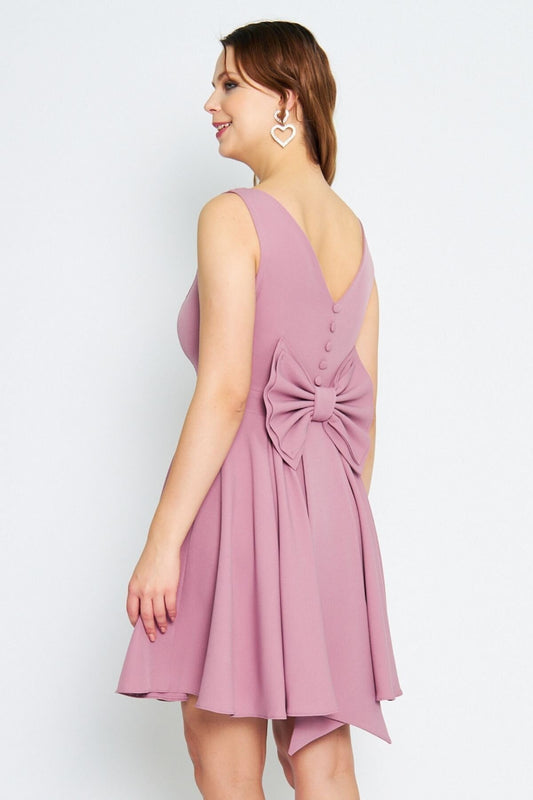Mini Flared V-Neck Bow-Back Evening Dress - Dusty Rose