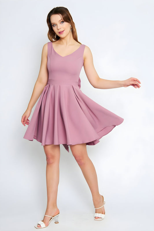 Mini Flared V-Neck Bow-Back Evening Dress - Dusty Rose