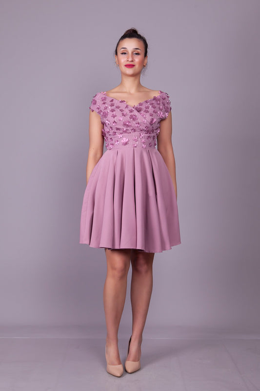Mini Floral Boat Neck Tulle Detail Evening Dress - Dark Rose