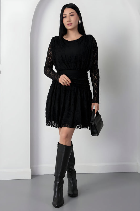 Mini Guipure Lace Waist Detail Dress - Black