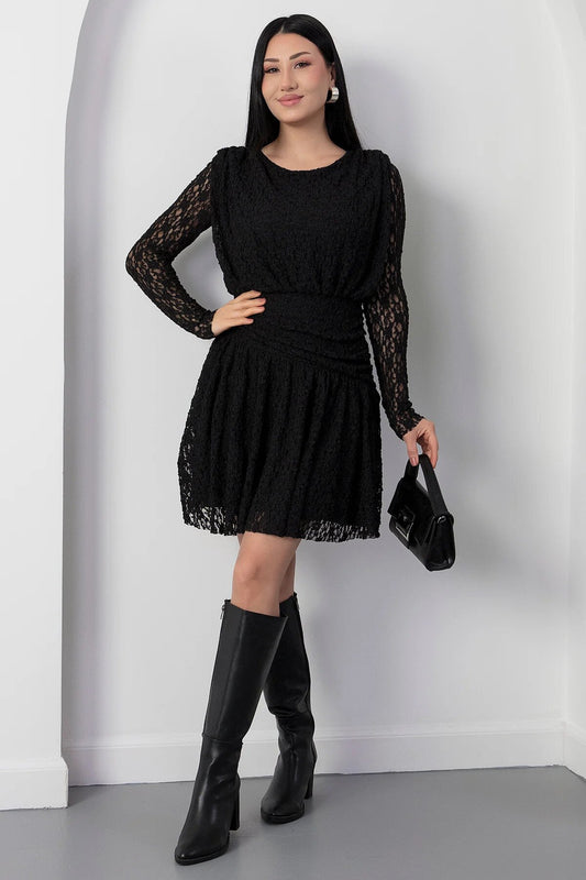 Mini Guipure Lace Waist Detail Dress - Black