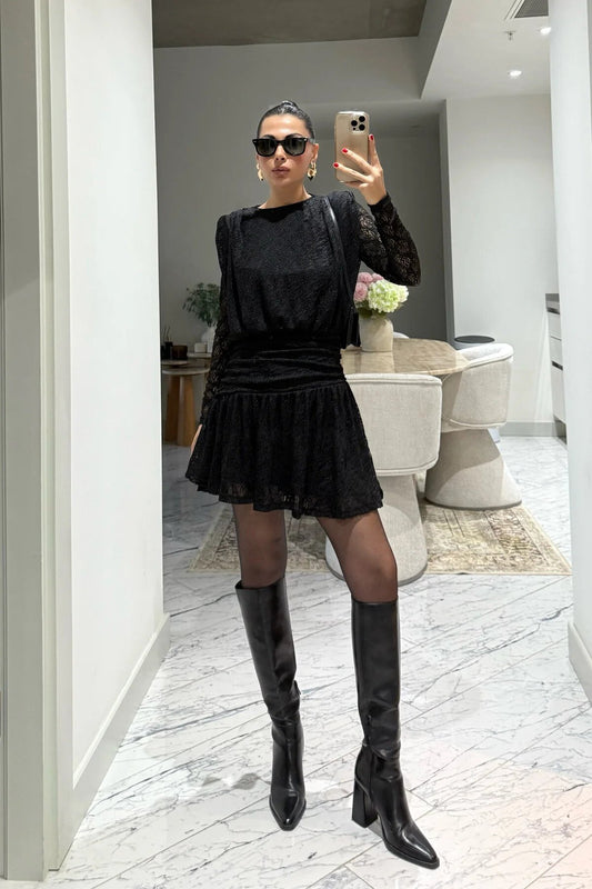 Mini Guipure Lace Waist Detail Dress - Black