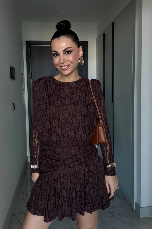 Mini Guipure Lace Waist Detail Dress - Brown