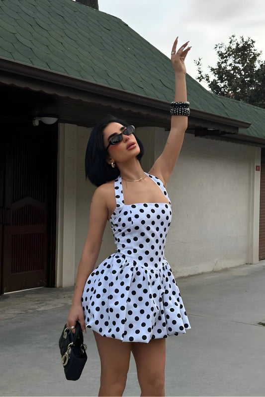 Mini Halter Neck Polka Dot Lined Dress - White Black