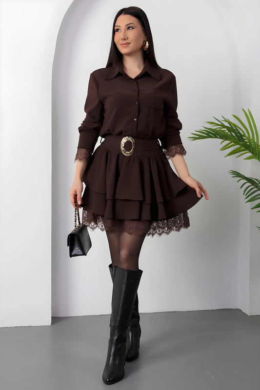 Mini Lace Belted Shirt Collar Dress - Brown