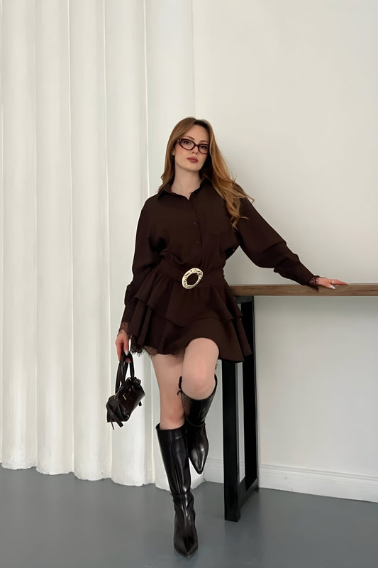 Mini Lace Chiffon Belted Shirt Dress - Brown