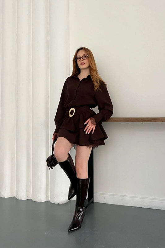 Mini Lace Chiffon Belted Shirt Dress - Brown