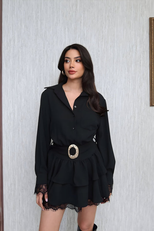 Mini Lace Shirt-Collar Detail Dress - Black