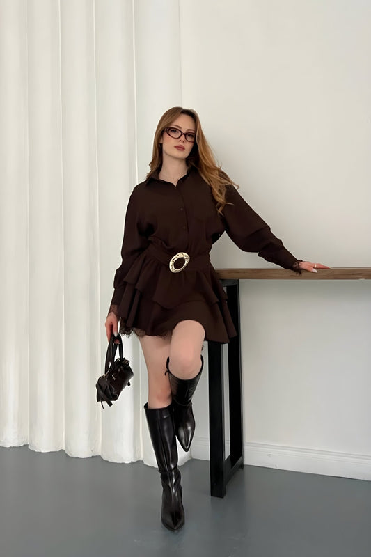 Mini Lace Shirt Dress with Belt Accessory - Brown