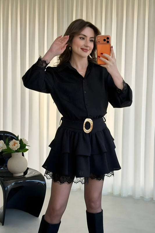 Mini Layered Shirt Belted Lace Trim Dress - Black