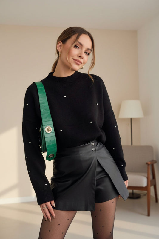 Mini Leather Button-Detail Skort - Black