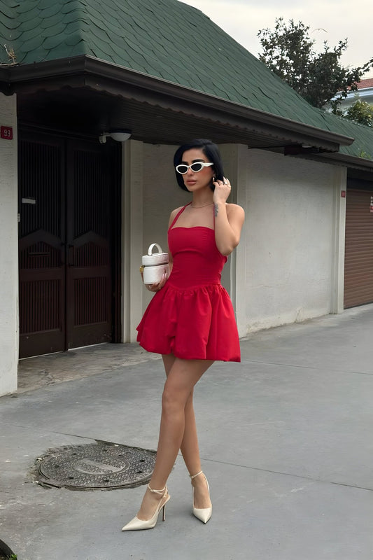 Mini Lined Halter Square Neck Balloon Dress - Red