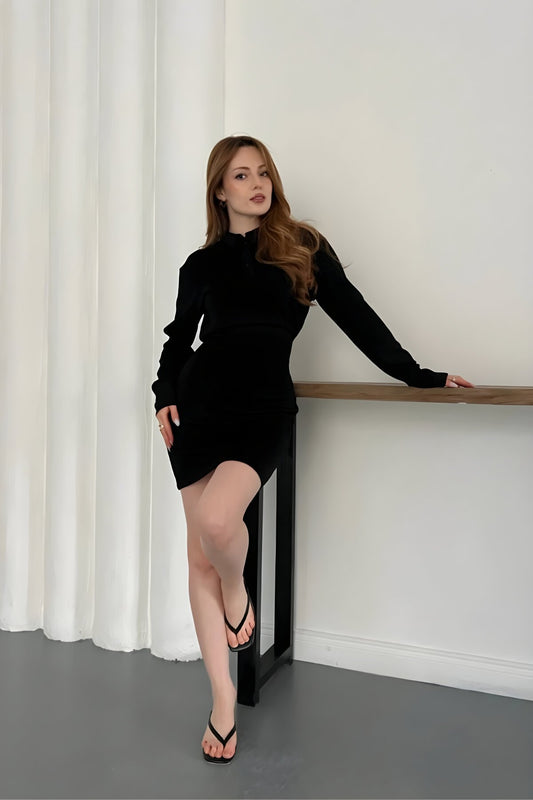 Mini Long Sleeve Modal Polo Collar Dress - Black