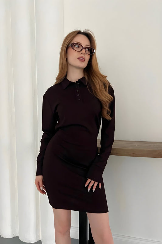 Mini Long Sleeve Polo Neck Button-Detail Dress - Brown