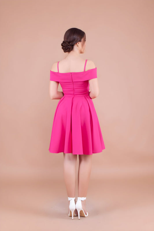 Mini Off-shoulder Pleated Strappy Evening Dress - Fuchsia