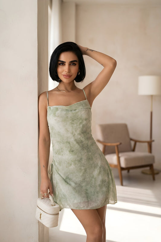 Mini Patterned Chiffon Backless Dress - Green