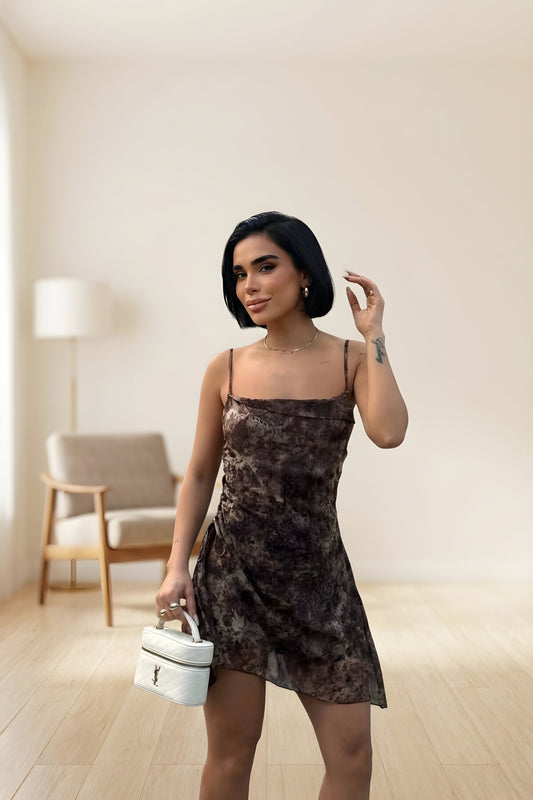 Mini Patterned Chiffon Thin Strap Backless Dress - Brown