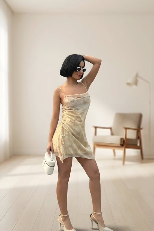 Mini Patterned Chiffon Thin Strap Open Back Dress - Beige