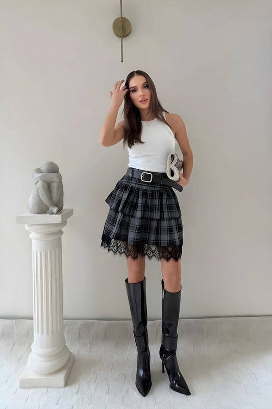 Mini Plaid Lace Belted Skirt - Black