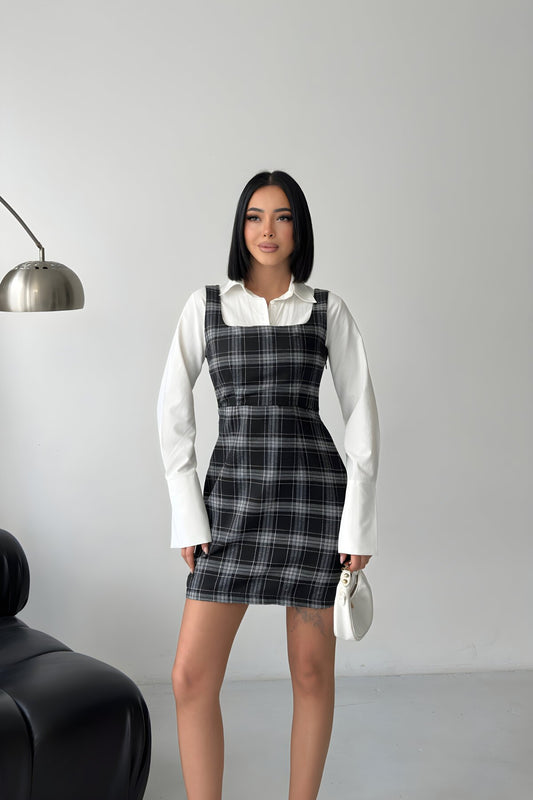 Mini Plaid Patterned Shirt Dress - Black