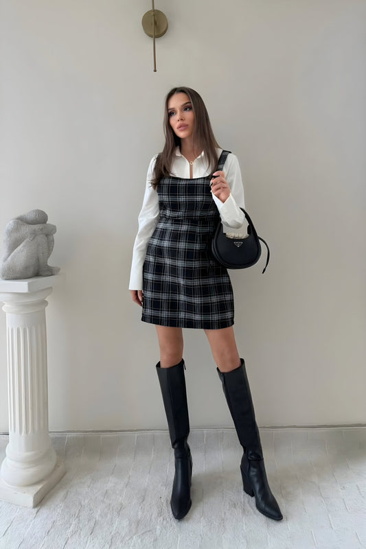 Mini Plaid Strappy Shirt Dress - Black