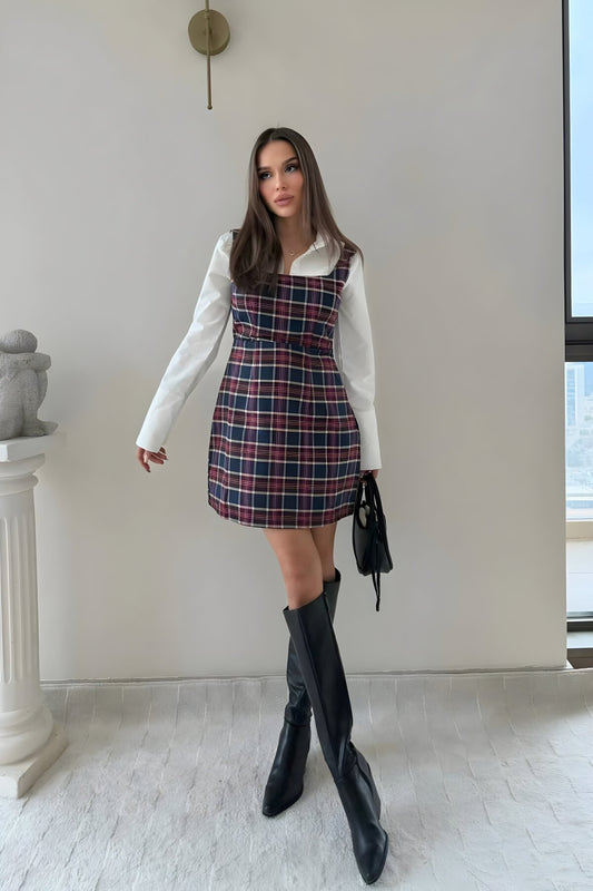 Mini Plaid Strappy Shirt Dress - Navy