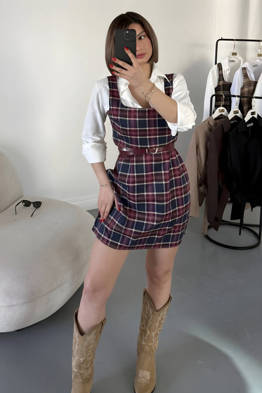 Mini Plaid Thick Strap Shirt Dress - Burgundy