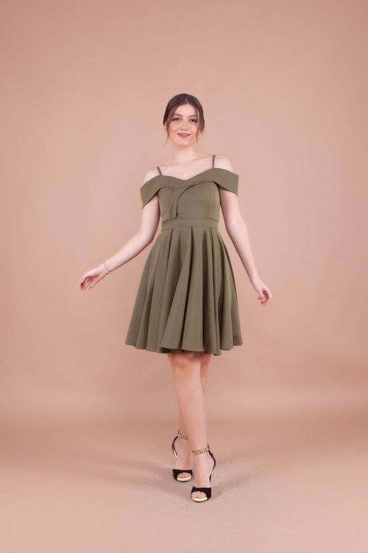 Mini Pleated Off-Shoulder Evening Dress - Khaki