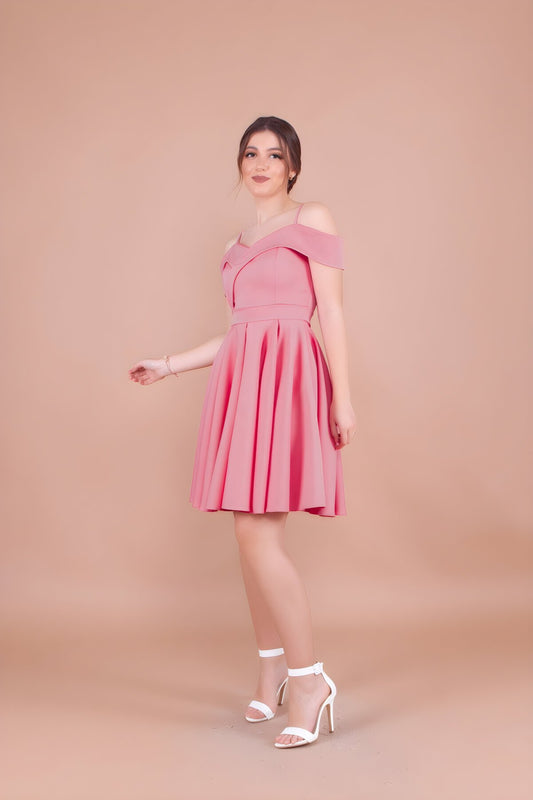 Mini Pleated Off-Shoulder Strappy Evening Dress - Dusty Rose