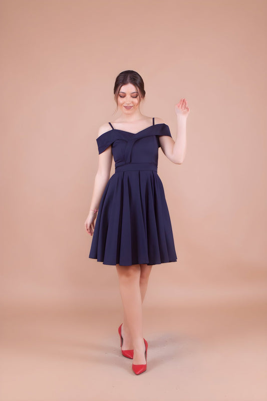 Mini Pleated Strapped Off-the-Shoulder Evening Dress - Navy Blue