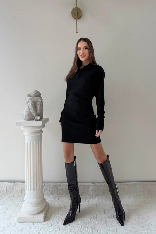 Mini Polo-Neck Modal Waist-Draped Dress - Black