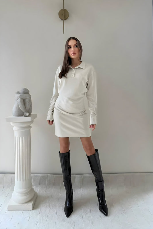 Mini Polo Neck Waist Drape Detail Dress - Beige