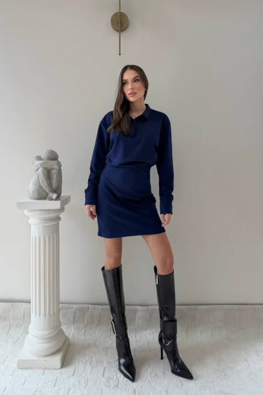 Mini Polo Neck Waist Drape Detail Dress - Navy Blue