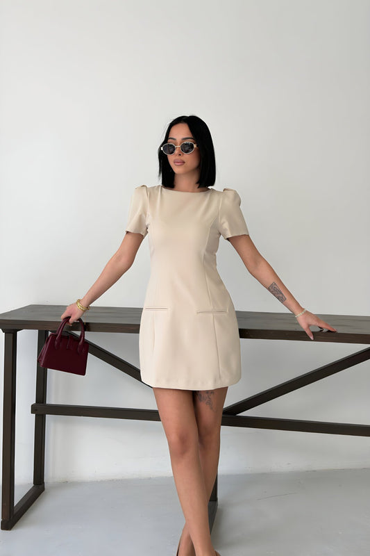 Mini Puff Sleeve Pocket Detail Dress - Beige