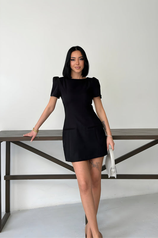 Mini Puff Sleeve Pocket Detail Dress - Black