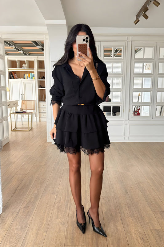 Mini Ruffled Lace-Detail Chiffon Buckle Belted Dress - Black
