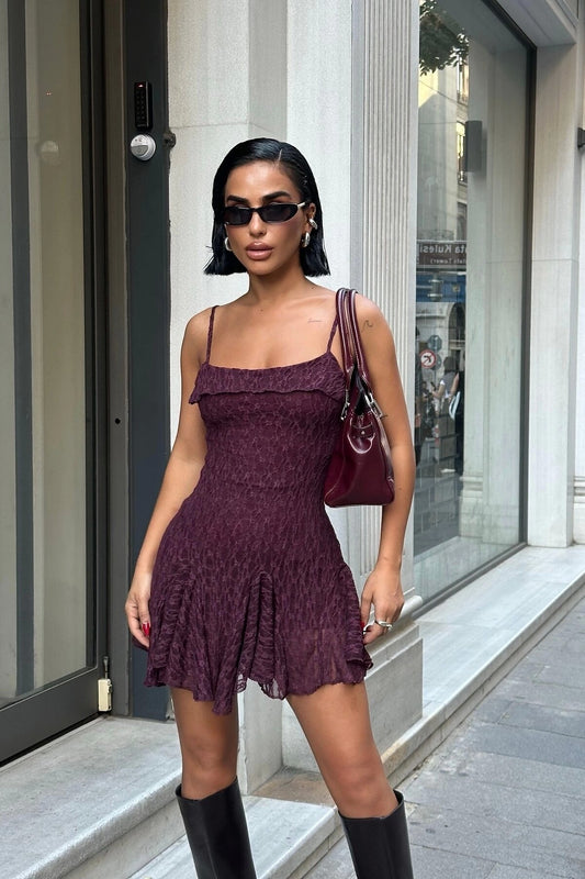 Mini Ruffled Strappy Lace Dress - Burgundy