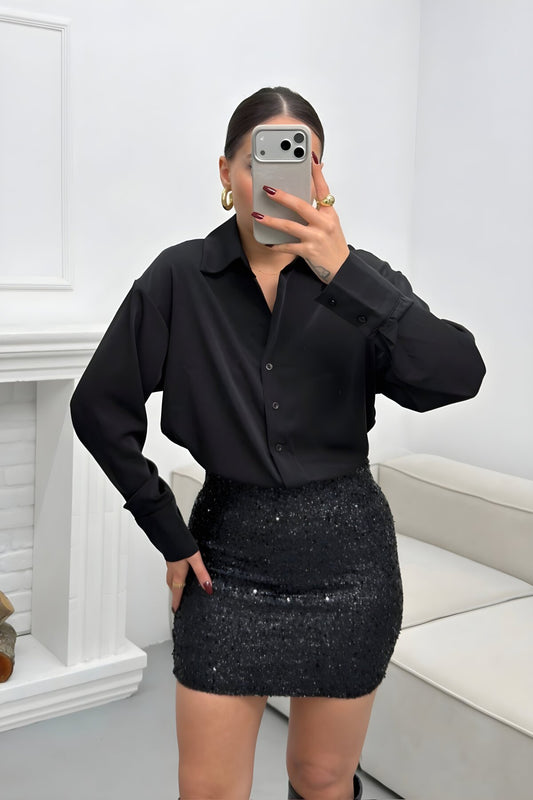 Mini Sequin Shirt Dress - Black