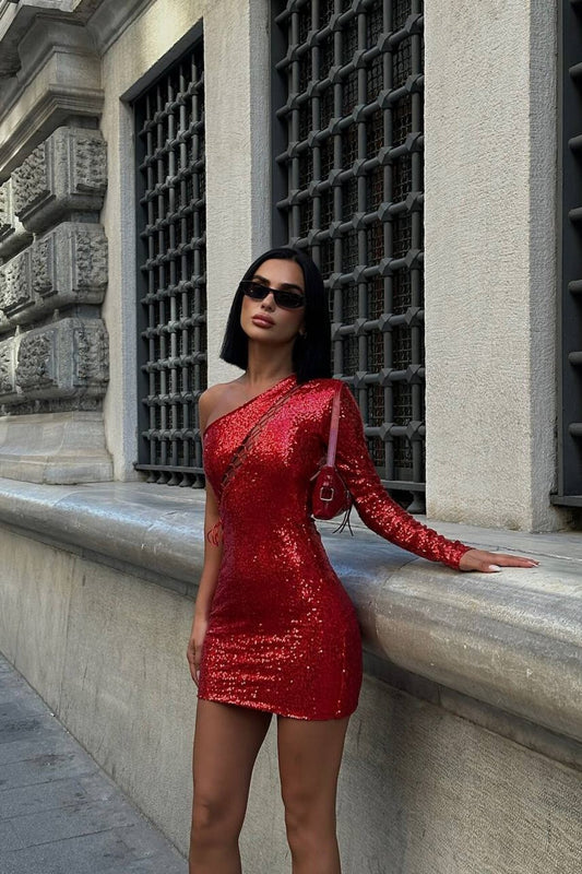 Mini Sequined Bubble Low-Cut Evening Dress - Red