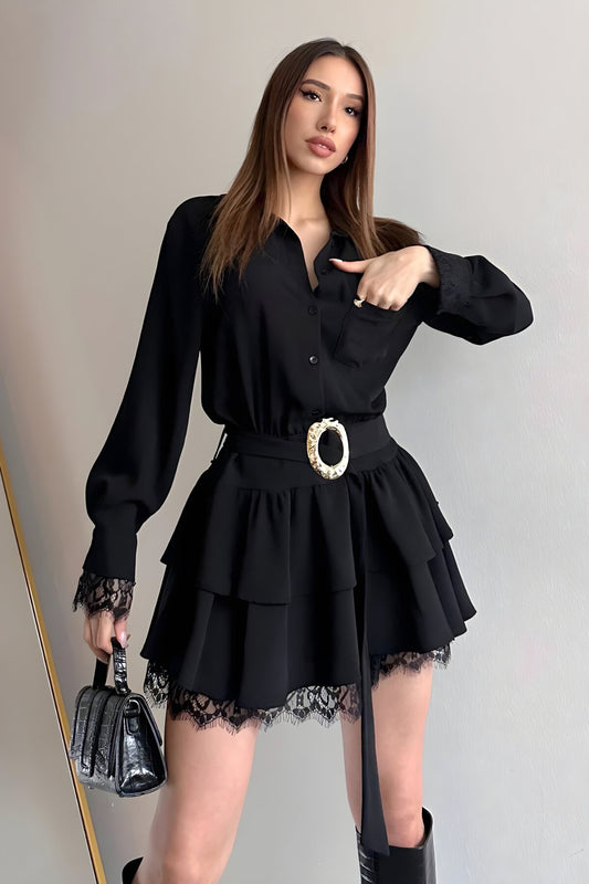 Mini Shirt Chiffon Belted Lace Detail Dress - Black
