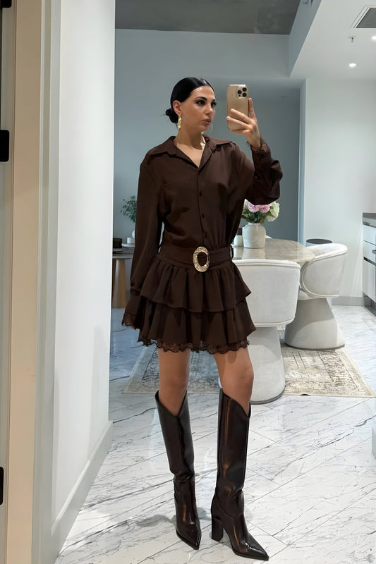 Mini Shirt Chiffon Belted Lace Detail Dress - Brown
