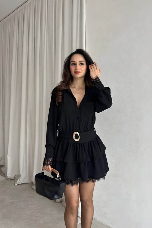 Mini Shirt Chiffon Buckle and Lace Detail Dress - Black