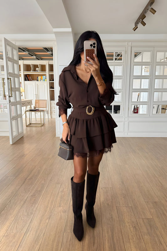 Mini Shirt Chiffon Buckle-Belted Lace-Detailed Ruffled Dress - Brown