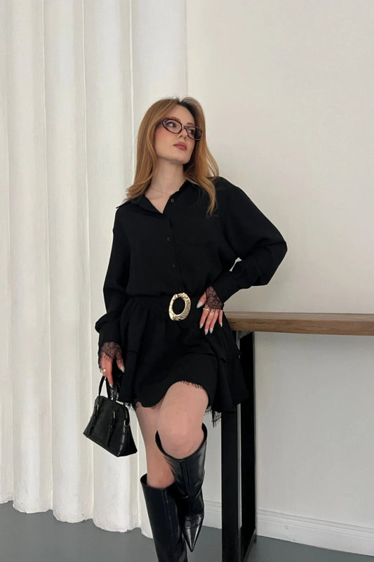 Mini Shirt Chiffon Lace and Belt Accessory Dress - Black