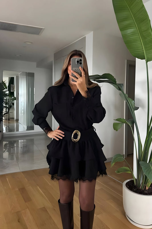 Mini Shirt Chiffon Lace Belted Dress - Black