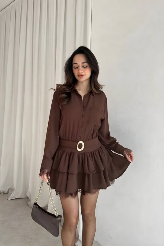 Mini Shirt Chiffon Lace Detail Buckle Accessory Dress - Brown